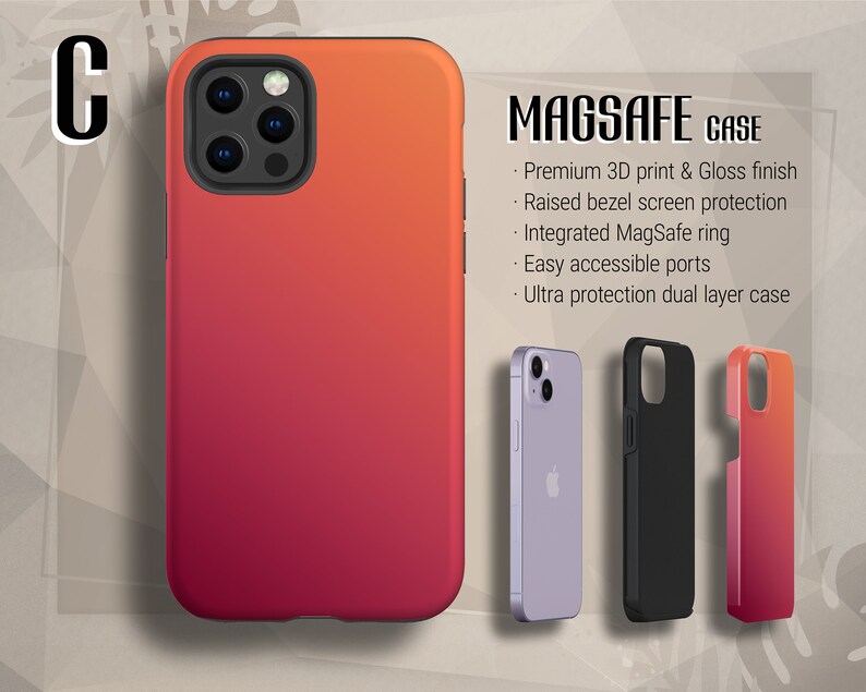 K&ouml;nnte beinhalten: Eine rote und orangefarbene Gradienten-Handyh&uuml;lle mit einem schwarzen Kamerabuckel und einem schwarzen MagSafe-Ring. Die H&uuml;lle ist aus strapazierf&auml;higem Material gefertigt und sch&uuml;tzt Ihr Telefon. MAGSAFE CASE - Premium 3D-Druck & Glanzfinish - Erh&ouml;hter Rahmen f&uuml;r den Bildschirmschutz - Integrierter MagSafe-Ring - Leicht zug&auml;ngliche Anschl&uuml;sse - Ultra-Schutz-Doppel-Schicht-H&uuml;lle