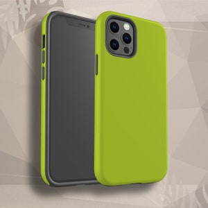 May include: A lime green phone case with a black phone inside. The phone case has a raised camera bump with three lenses.
