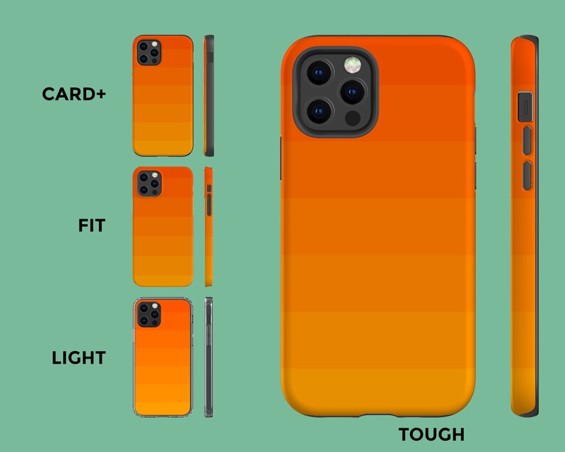 Puede incluir: Tres fundas de tel&eacute;fono diferentes con un dise&ntilde;o degradado naranja y amarillo. Las fundas est&aacute;n etiquetadas como "CARD+", "FIT" y "LIGHT". La funda m&aacute;s grande est&aacute; etiquetada como "TOUGH".