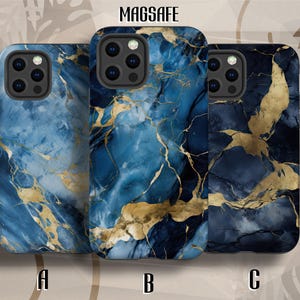 May include: Three phone cases with a marble design in shades of blue and gold. The cases are labeled A, B, and C. The word "MAGSAFE" is printed at the top. The cases have a glossy finish and are designed to fit a smartphone.