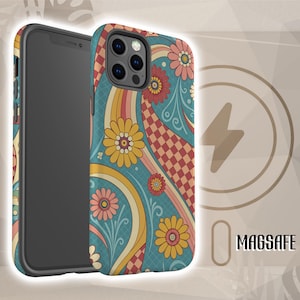 May include: A smartphone case with a colorful floral design. The case features a teal background with yellow, pink, and red flowers, along with curved lines and a checkered pattern. The phone case is shown next to a charging symbol with the word "MAGSAFE".