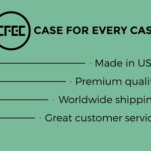 Puede incluir: Un logotipo en blanco y negro con el texto "CFEC" dentro de un c&iacute;rculo. El texto "CASE FOR EVERY CASE" est&aacute; debajo del logotipo. Sigue una lista de cuatro vi&ntilde;etas: "Hecho en EE. UU.", "Calidad superior", "Env&iacute;o mundial" y "Excelente servicio al cliente".
