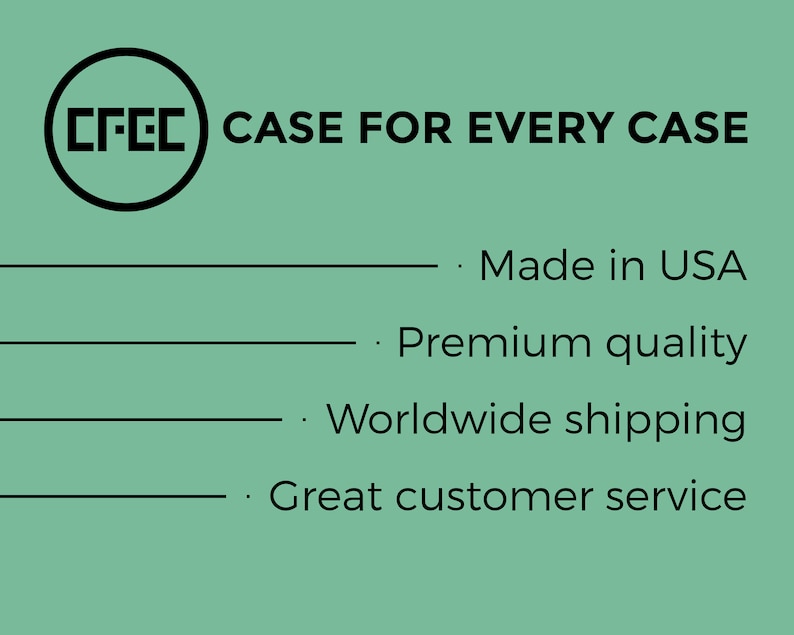 Puede incluir: Un logotipo en blanco y negro con el texto "CFEC" dentro de un c&iacute;rculo. El texto "CASE FOR EVERY CASE" est&aacute; debajo del logotipo. Sigue una lista de cuatro vi&ntilde;etas: "Hecho en EE. UU.", "Calidad superior", "Env&iacute;o mundial" y "Excelente servicio al cliente".