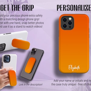 May include: Orange and white phone case with a built-in phone grip. The case has a gradient design and the text "Elizabeth" is printed on the back.