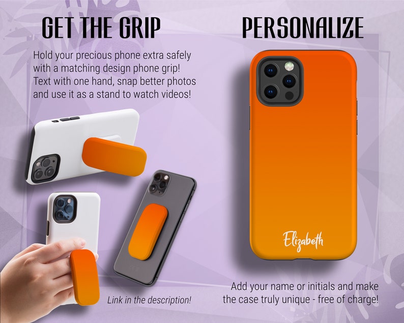 May include: Orange and white phone case with a built-in phone grip. The case has a gradient design and the text "Elizabeth" is printed on the back.