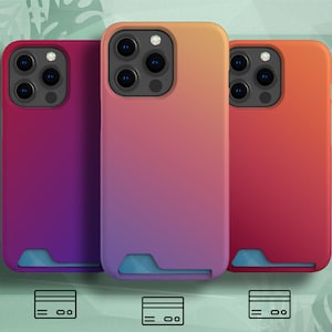 Puede incluir: Tres fundas para teléfono con un diseño degradado. Las fundas son de color morado, rosa y naranja. Cada funda tiene un soporte para tarjetas integrado.