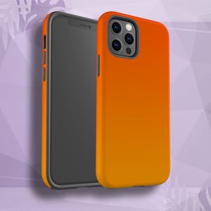 May include: A black phone case with a clear back and a bright orange phone case with a camera bump.