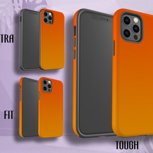 May include: Four phone cases with a gradient orange design. The cases are labeled "Ultra", "Fit", and "Tough".