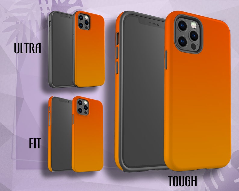 May include: Four phone cases with a gradient orange design. The cases are labeled "Ultra", "Fit", and "Tough".