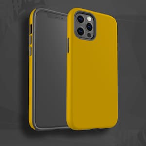 May include: A yellow phone case with a black phone inside. The phone case has a camera lens cutout on the back.