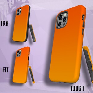 May include: Four orange and black phone cases with different levels of protection: Ultra, Fit, and Tough. The cases have a gradient color design, transitioning from orange to black.