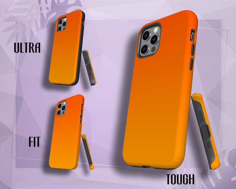 May include: Four orange and black phone cases with different levels of protection: Ultra, Fit, and Tough. The cases have a gradient color design, transitioning from orange to black.