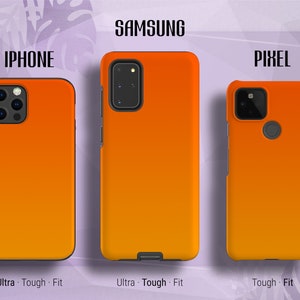 May include: Three phone cases in orange and yellow gradient colors. The cases are for iPhone, Samsung, and Pixel phones. The text "Ultra. Tough. Fit" is below the iPhone and Samsung cases. The text "Tough. Fit" is below the Pixel case.