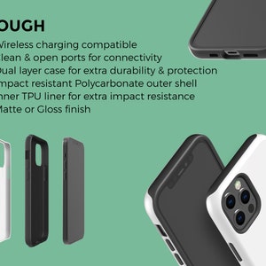 Puede incluir: Tres fundas para tel&eacute;fono en negro, blanco y gris. Las fundas est&aacute;n dise&ntilde;adas para ser resistentes y duraderas, con una carcasa exterior de policarbonato y un forro de TPU para resistir los impactos. Las fundas son compatibles con la carga inal&aacute;mbrica y tienen puertos abiertos para la conectividad. El texto "TOUGH" se muestra en la parte superior de la imagen.