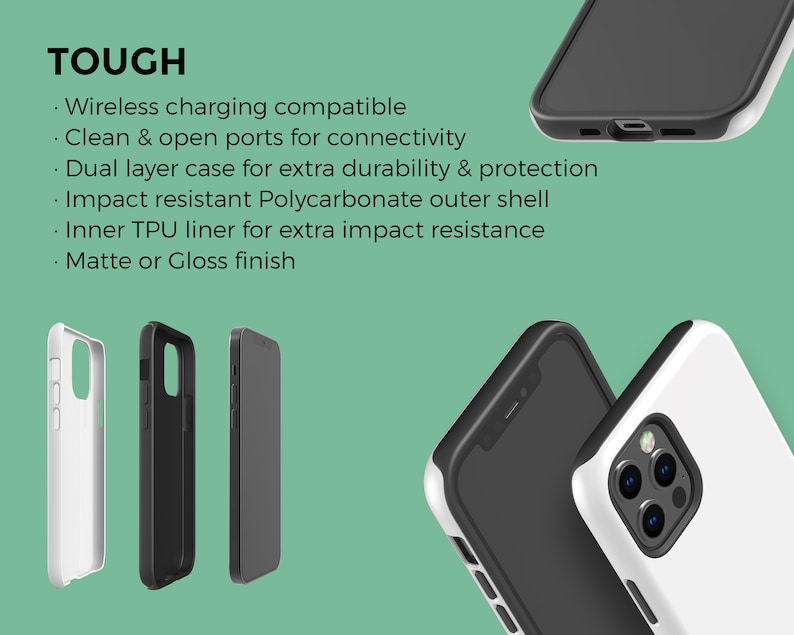 Puede incluir: Tres fundas para tel&eacute;fono en negro, blanco y gris. Las fundas est&aacute;n dise&ntilde;adas para ser resistentes y duraderas, con una carcasa exterior de policarbonato y un forro de TPU para resistir los impactos. Las fundas son compatibles con la carga inal&aacute;mbrica y tienen puertos abiertos para la conectividad. El texto "TOUGH" se muestra en la parte superior de la imagen.
