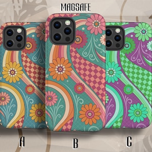 May include: Three phone cases with colorful floral and wavy designs. The cases feature a variety of colors, including teal, orange, pink, and purple. The word "MAGSAFE" is printed at the top. Each case has a different letter designation: A, B, and C.