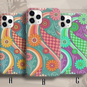 May include: Three phone cases with colorful floral and wavy designs. Case A features yellow, orange, and blue hues. Case B has orange, pink, and teal tones. Case C showcases green, purple, and teal colors. Each case has a camera cutout.
