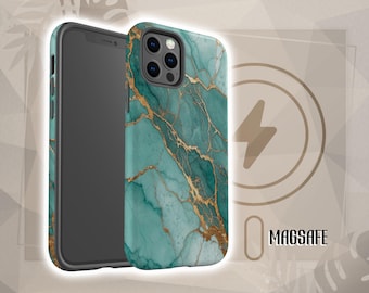 Funda MagSafe para iPhone con diseño de mármol dorado turquesa, compatible con iPhone 17 Pro, iPhone 16 Pro Max, iPhone 15, 14, 13 y 12 mini, con carga inalámbrica.
