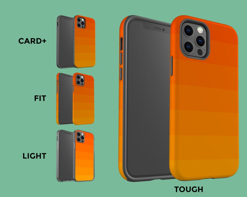 Puede incluir: Cuatro fundas de tel&eacute;fono diferentes con un dise&ntilde;o degradado naranja y amarillo. Las fundas est&aacute;n etiquetadas como "CARD+", "FIT", "LIGHT" y "TOUGH".