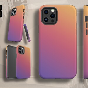 May include: A phone case with a gradient design, transitioning from orange to purple. The case has a black camera cutout and a black border.