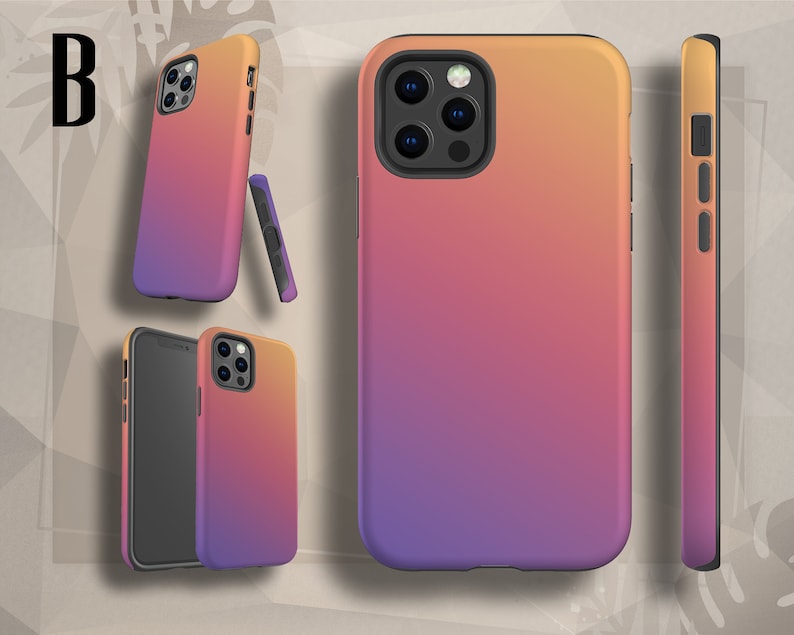 May include: A phone case with a gradient design, transitioning from orange to purple. The case has a black camera cutout and a black border.