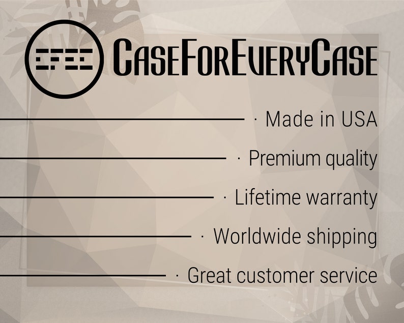May include: A black and white logo with the text "CASEFOREVERYCASE" and a list of benefits: Made in USA, Premium quality, Lifetime warranty, Worldwide shipping, Great customer service.