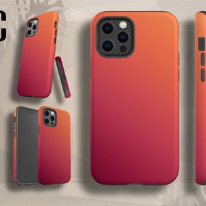 May include: A red and orange gradient phone case with a black camera lens cutout. The case is shown from the front and side.