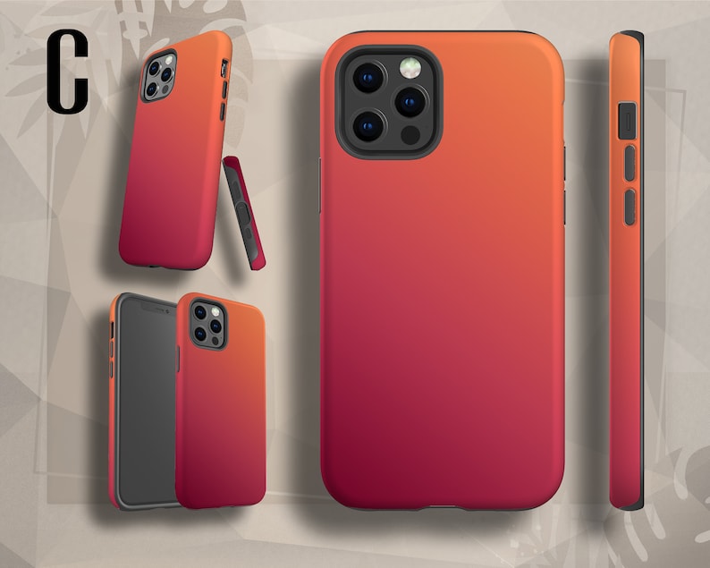 May include: A red and orange gradient phone case with a black camera lens cutout. The case is shown from the front and side.
