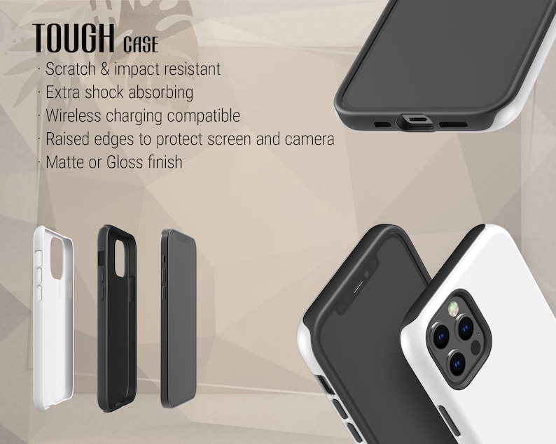 May include: Two phone cases, one black and one white, with a raised edge to protect the screen and camera. The text "TOUGH CASE" is visible at the top of the image. The text below the image reads "Scratch & impact resistant, Extra shock absorbing, Wireless charging compatible, Raised edges to protect screen and camera, Matte or Gloss finish."