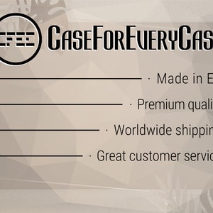 K&ouml;nnte beinhalten: Ein wei&szlig;er Hintergrund mit einem schwarzen Logo, das "CaseForEveryCase" sagt, und einer Liste von Funktionen: Hergestellt in der EU, Premium-Qualit&auml;t, Weltweiter Versand, Gro&szlig;artiger Kundenservice.