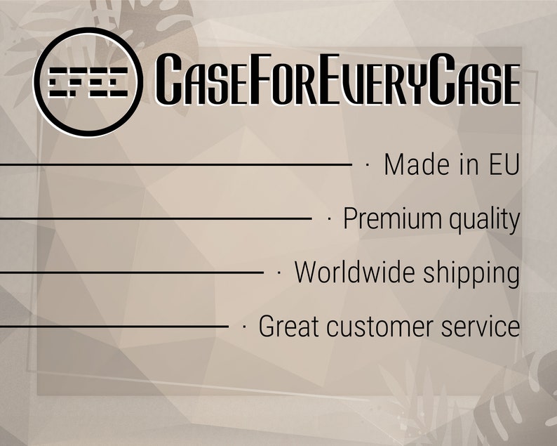 K&ouml;nnte beinhalten: Ein wei&szlig;er Hintergrund mit einem schwarzen Logo, das "CaseForEveryCase" sagt, und einer Liste von Funktionen: Hergestellt in der EU, Premium-Qualit&auml;t, Weltweiter Versand, Gro&szlig;artiger Kundenservice.