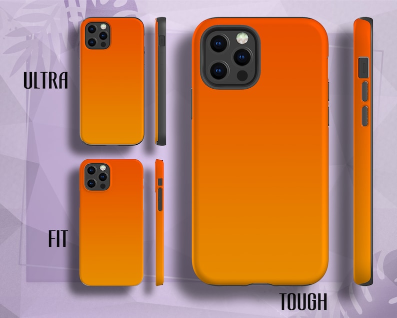 May include: Two orange phone cases with a gradient effect. The case on the left says "FIT" and the case on the right says "TOUGH".