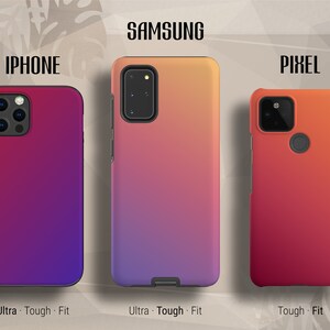 May include: Three phone cases with gradient color designs. The case on the left is purple to pink, the middle case is purple to orange, and the case on the right is orange to red. The cases are labeled "IPHONE", "SAMSUNG", and "PIXEL".