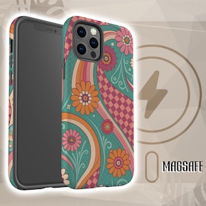 May include: A teal phone case with a colorful floral and rainbow pattern. The design includes orange, pink, and purple flowers, with a checkered section. The case is shown with a black phone and the word "MAGSAFE".