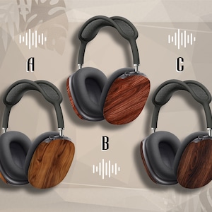 May include: Three pairs of black headphones with wood grain patterned earcups. The headphones have a black headband and are arranged in a triangular pattern.