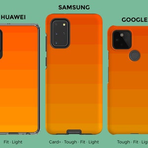 Puede incluir: Tres fundas para tel&eacute;fono con un dise&ntilde;o naranja degradado. Las fundas son para tel&eacute;fonos Huawei, Samsung y Google. El texto en las fundas dice "Fit. Light", "Card+ Tough. Fit. Light" y "Tough Fit Light".