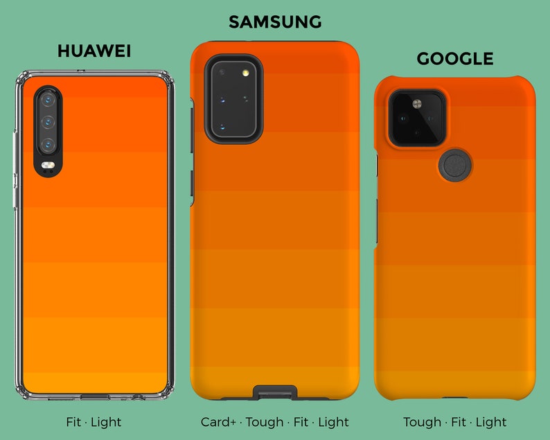 Puede incluir: Tres fundas para tel&eacute;fono con un dise&ntilde;o naranja degradado. Las fundas son para tel&eacute;fonos Huawei, Samsung y Google. El texto en las fundas dice "Fit. Light", "Card+ Tough. Fit. Light" y "Tough Fit Light".
