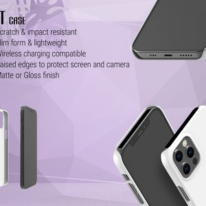 May include: Two phone cases, one white and one black, are shown. The cases are designed to fit a smartphone. The text "FIT CASE" is displayed at the top of the image. The text below the title describes the features of the phone case: "Scratch & impact resistant", "Slim form & lightweight", "Wireless charging compatible", "Raised edges to protect screen and camera", and "Matte or Gloss finish".
