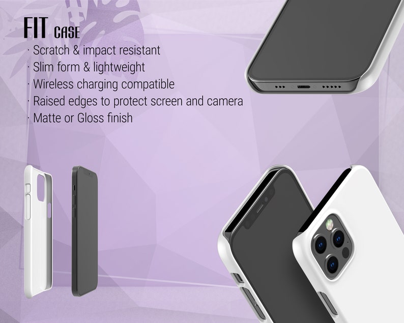 May include: Two phone cases, one white and one black, are shown. The cases are designed to fit a smartphone. The text "FIT CASE" is displayed at the top of the image. The text below the title describes the features of the phone case: "Scratch & impact resistant", "Slim form & lightweight", "Wireless charging compatible", "Raised edges to protect screen and camera", and "Matte or Gloss finish".