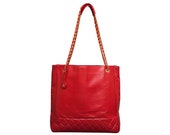 Chanel Vintage Red Lambskin Leather N S Shopping Tote Bag