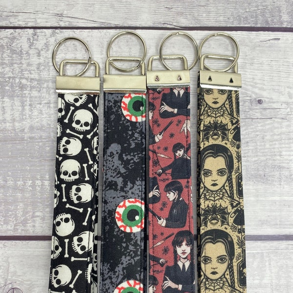 Fabric Handmade Key Fob, Eyeball Key Fob, Skull Keychain, Wednesday Key Fob, Wristlet Keychain, Gift for Her, Gift for Him, Creepy Keychain