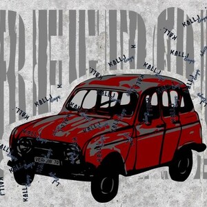 May include: A red vintage car with a white license plate that reads "VER JW 70". The car is surrounded by the word "KALL" repeated in various sizes and orientations.