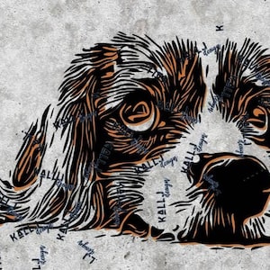 Könnte beinhalten: Schwarz-orangefarbene stilisierte Illustration eines liegenden Hundes mit dem Wort "KALLI", das sich über das gesamte Bild wiederholt.