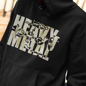 May include: Black hoodie with a white graphic of musical instruments forming the words "Heavy Metal".