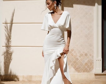 Robe de mariée longueur cheville | Manches courtes flottantes | Robe à encolure en V | Robe de mariée asymétrique | Robe de mariée en soie blanche