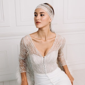 Long sleeves wedding dress Lace top wedding dress Wedding dress with slit Simple wedding gown Floor-length wedding dress Вuttons image 1