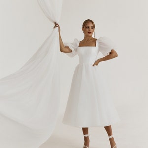 Fluffy midi-length dress | Puff Sleeves wedding dress | Organza puff dress | Square neckline dress | Wedding midi dress | Engagement dress