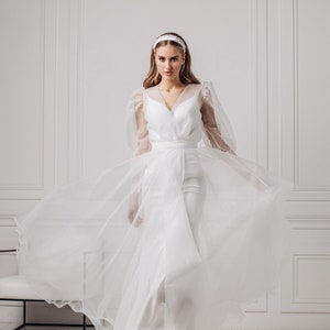 Open Back Wedding Dress: Organza Long Puffy Sleeves, Wide Belt