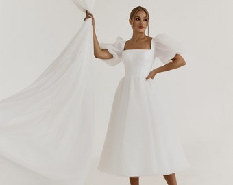 Fluffy midi-length dress | Puff Sleeves wedding dress | Organza puff dress | Square neckline dress | Wedding midi dress | Engagement dress