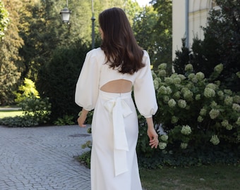 White midi dress | Midi wedding dress | 3/4 sleeve dress | Backless dress | Bow wedding dress | Puff Sleeves Dress | Crepe Bridal Gown |